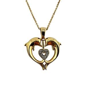 Genuine Diamond Chip Kissing Dolphins Heart Gold Tone Demi Fine 18" Necklace